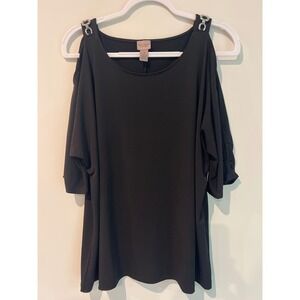 Easywear by Chico's Black Cold Shoulder Top Silver Hardware Ruched Sleeve Large